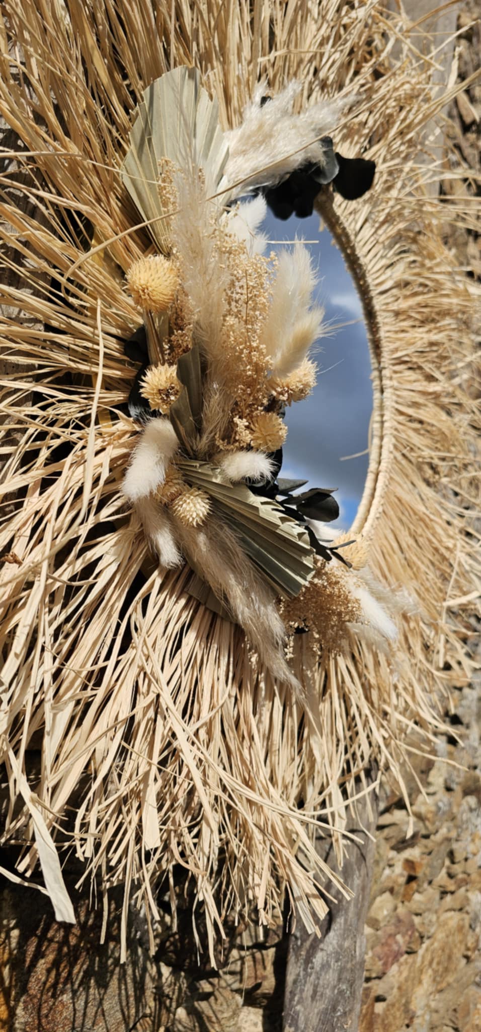 Miroir raphia fleurs séchée