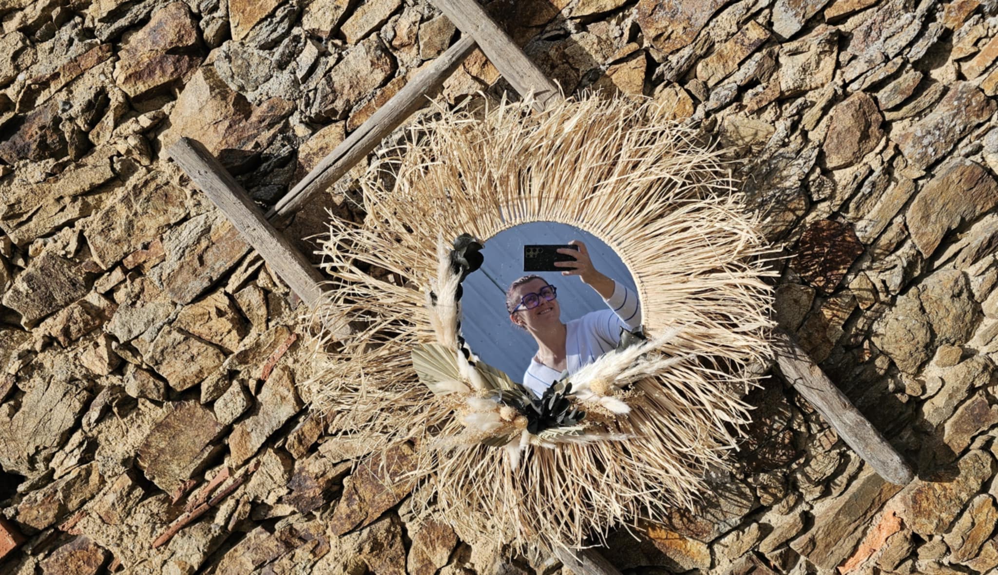 Miroir raphia fleurs séchée