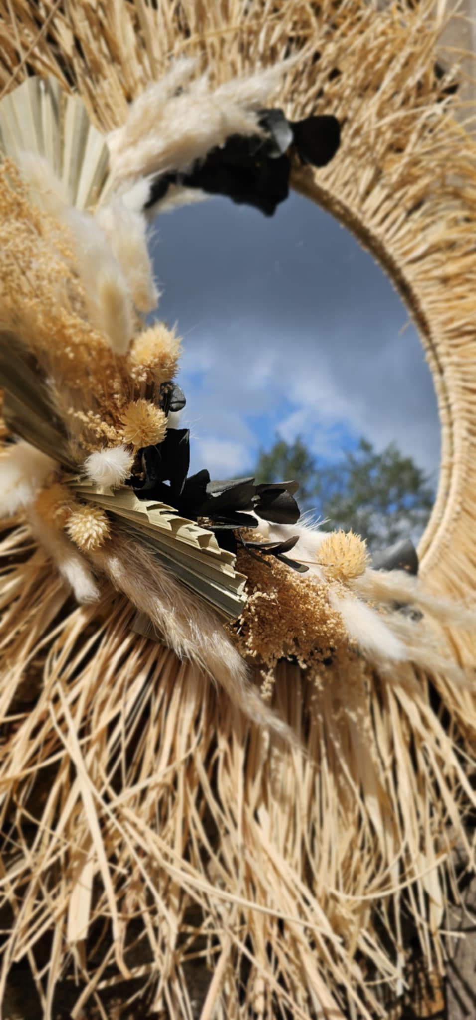 Miroir raphia fleurs séchée